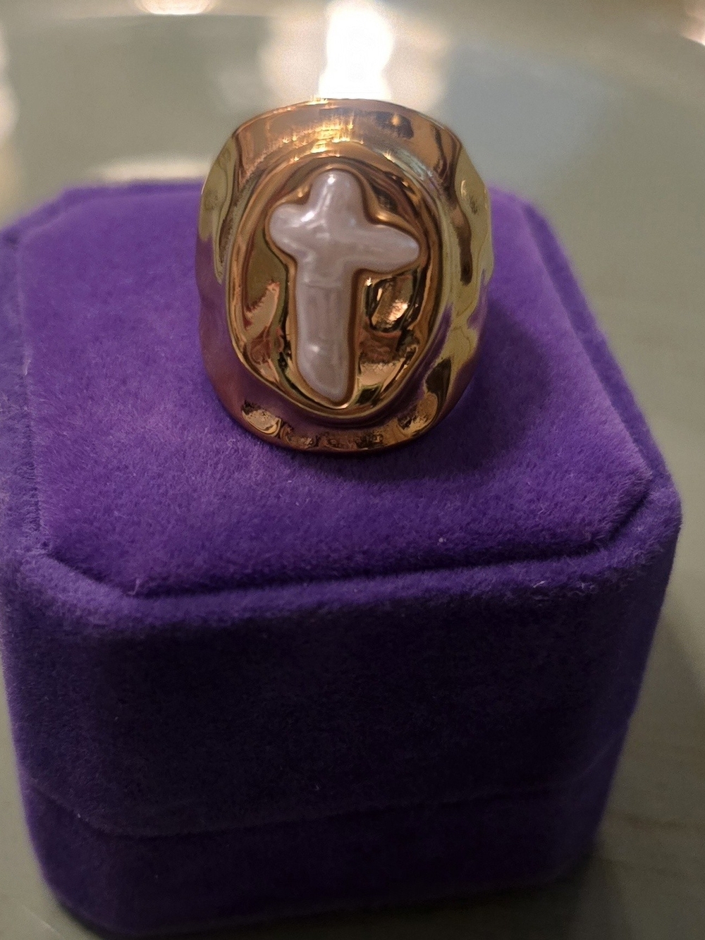 Gold-tone Pearl Cross Signet Ring